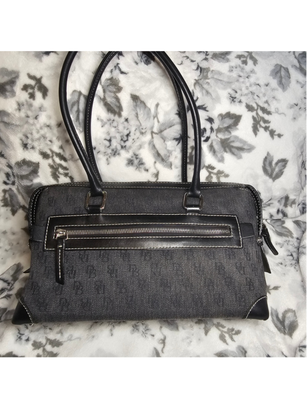 Dooney & Bourke Black Denim Monogram Canvas Leather Trim Shoulder Bag - Picture 2 of 11